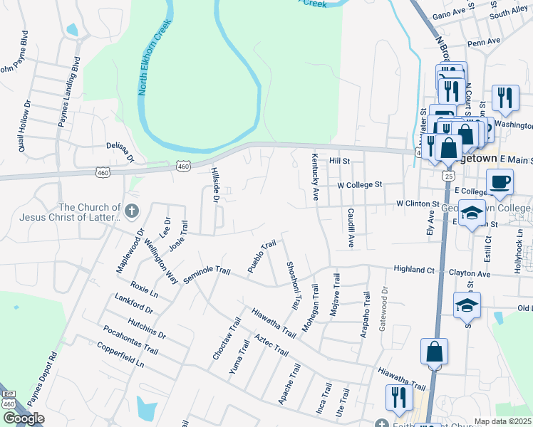 map of restaurants, bars, coffee shops, grocery stores, and more near 226 Brookside Drive in Georgetown