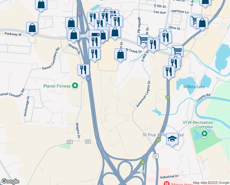 map of restaurants, bars, coffee shops, grocery stores, and more near 855 Woodside Creek in Festus
