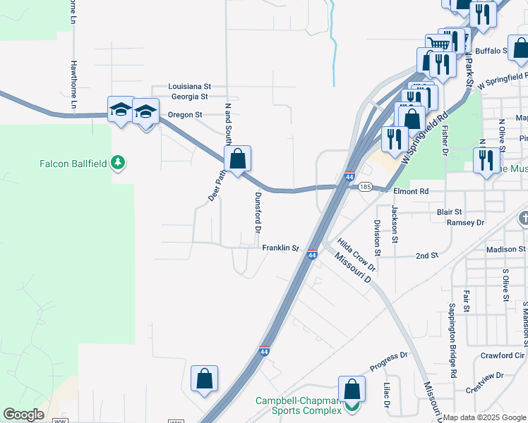 map of restaurants, bars, coffee shops, grocery stores, and more near 874 Dunsford Drive in Sullivan
