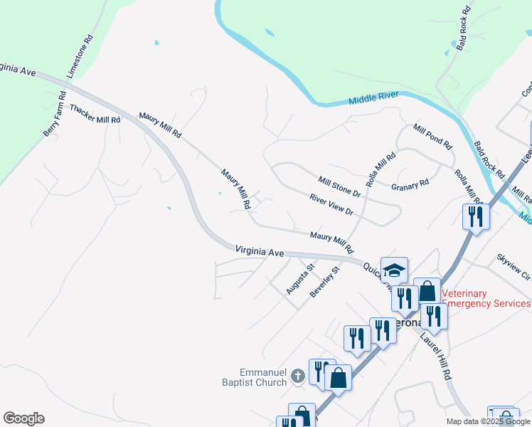 map of restaurants, bars, coffee shops, grocery stores, and more near 161 Maury Mill Road in Verona
