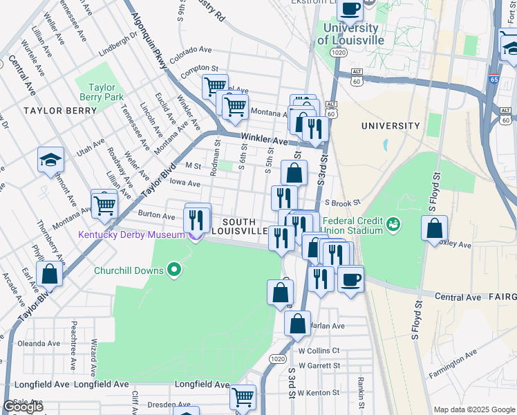 map of restaurants, bars, coffee shops, grocery stores, and more near 2918 South 5th Street in Louisville