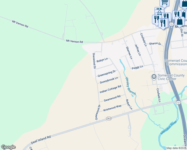 map of restaurants, bars, coffee shops, grocery stores, and more near 11870 Drexwood Drive in Princess Anne