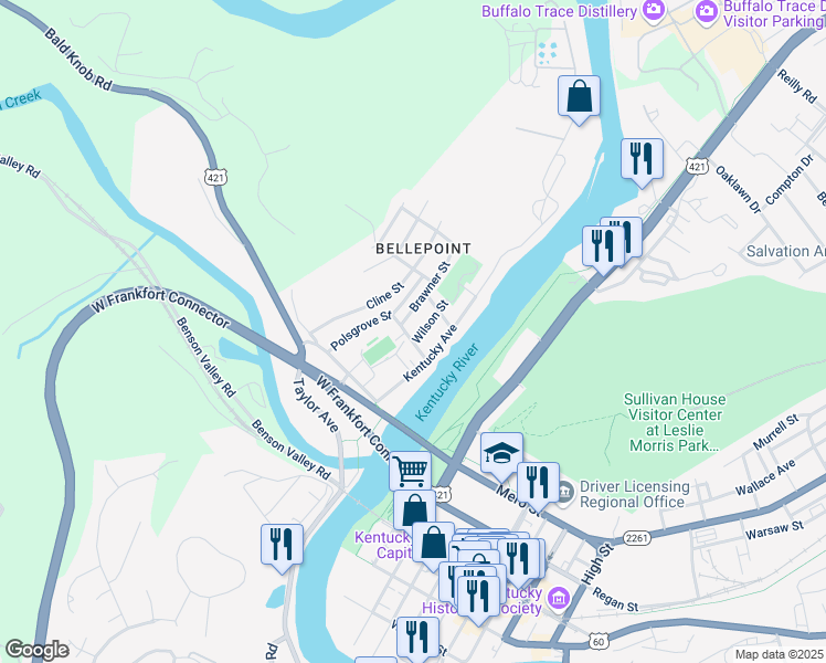 map of restaurants, bars, coffee shops, grocery stores, and more near 722 Dabney Street in Frankfort