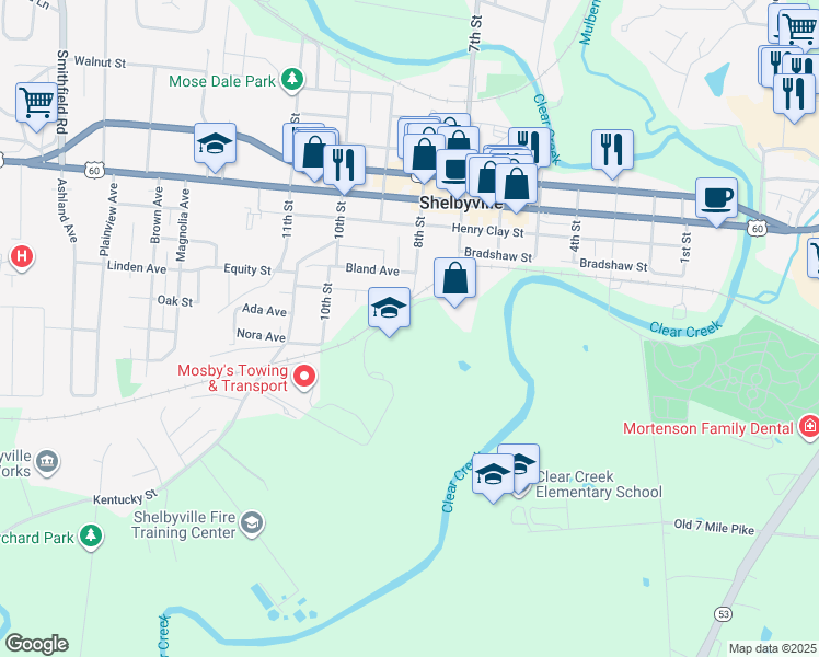 map of restaurants, bars, coffee shops, grocery stores, and more near Ginkgo Drive in Shelbyville