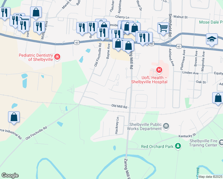 map of restaurants, bars, coffee shops, grocery stores, and more near 803 Village Lane in Shelbyville