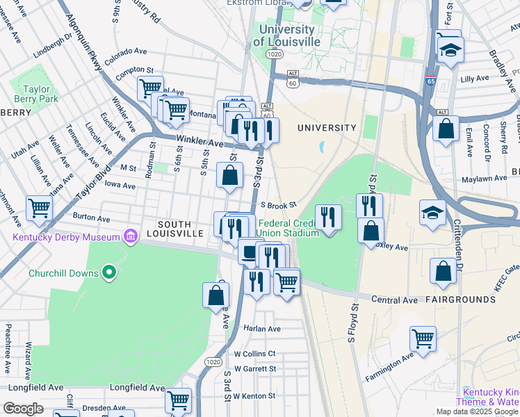 map of restaurants, bars, coffee shops, grocery stores, and more near 2819 South 2nd Street in Louisville