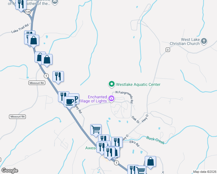 map of restaurants, bars, coffee shops, grocery stores, and more near 134 North Fairgrounds Road in Gravois Mills