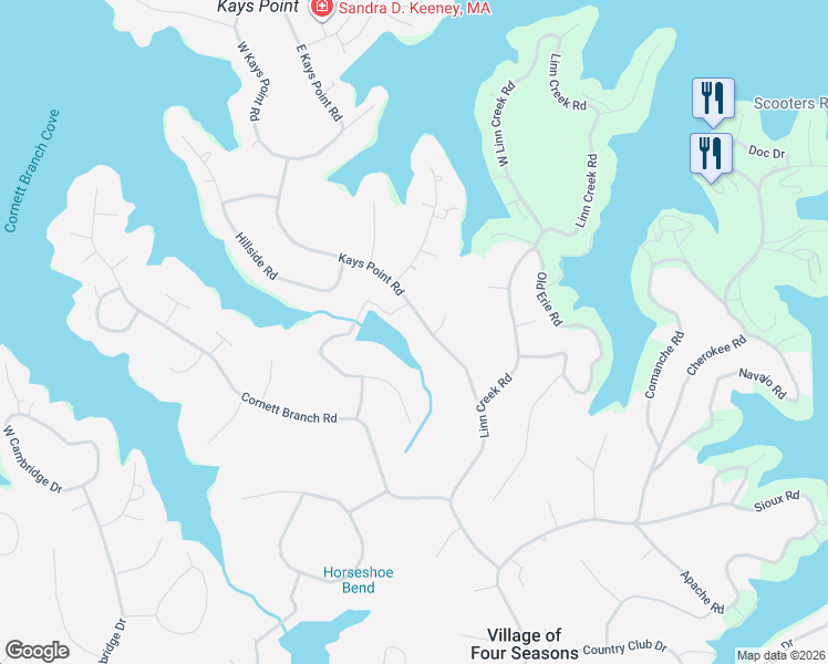 map of restaurants, bars, coffee shops, grocery stores, and more near 381-385 Kays Point Rd in Village of Four Seasons