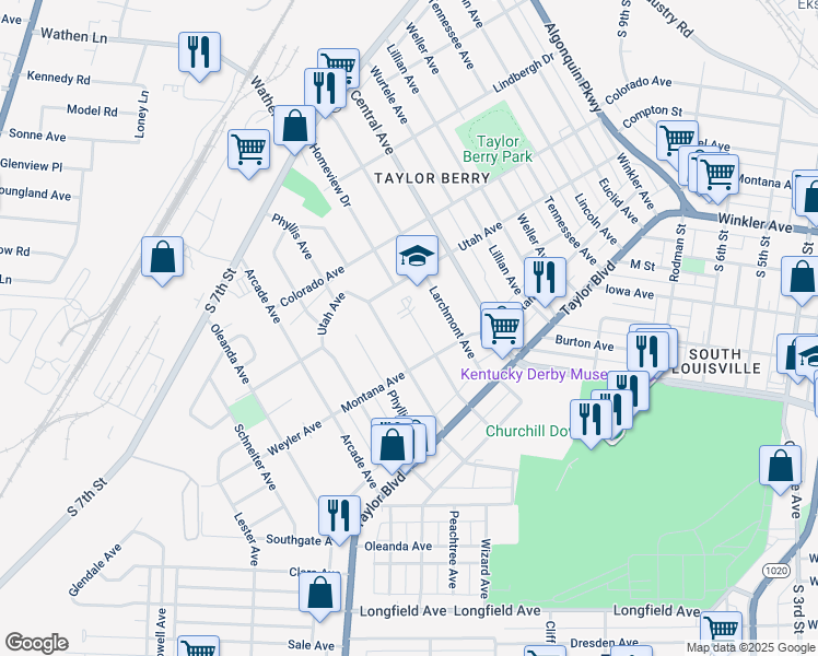 map of restaurants, bars, coffee shops, grocery stores, and more near 1222 Homeview Drive in Louisville
