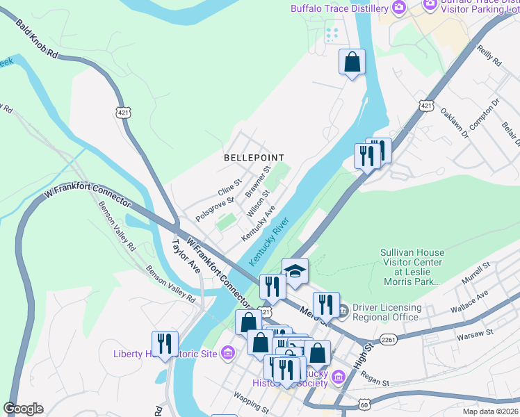 map of restaurants, bars, coffee shops, grocery stores, and more near 724 Wilson Street in Frankfort