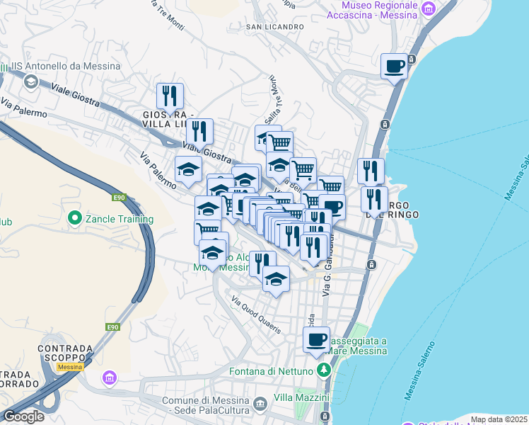 map of restaurants, bars, coffee shops, grocery stores, and more near 23 Via Guicciardini in Messina