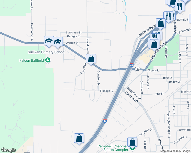 map of restaurants, bars, coffee shops, grocery stores, and more near 775 Dunsford Drive in Sullivan