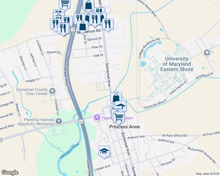map of restaurants, bars, coffee shops, grocery stores, and more near Somerset Avenue in Princess Anne