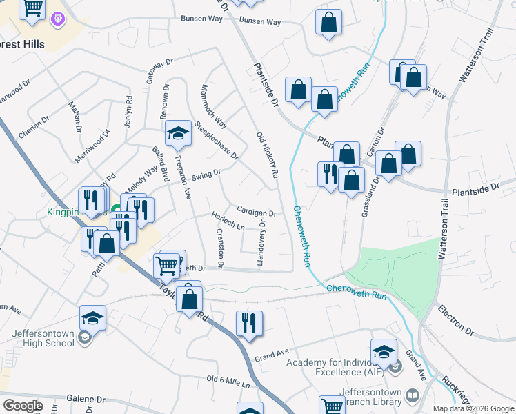 map of restaurants, bars, coffee shops, grocery stores, and more near 2503 Post Court in Louisville