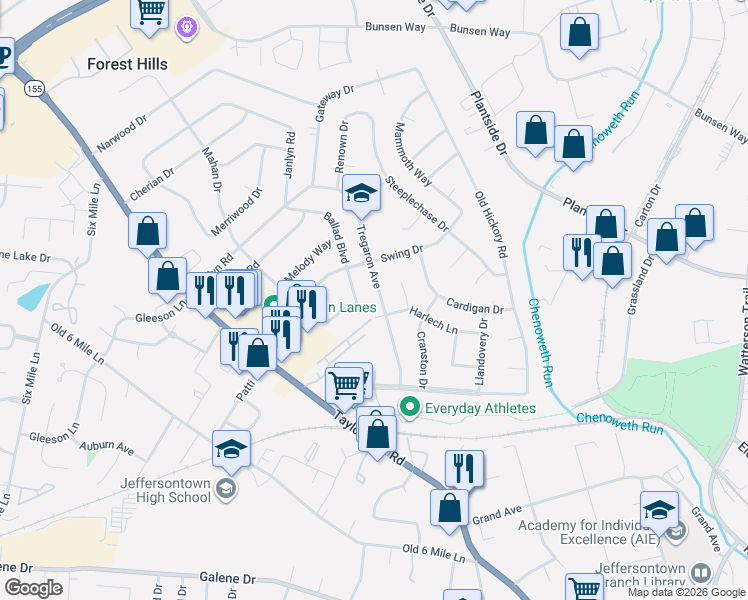 map of restaurants, bars, coffee shops, grocery stores, and more near 2609 Tregaron Avenue in Louisville