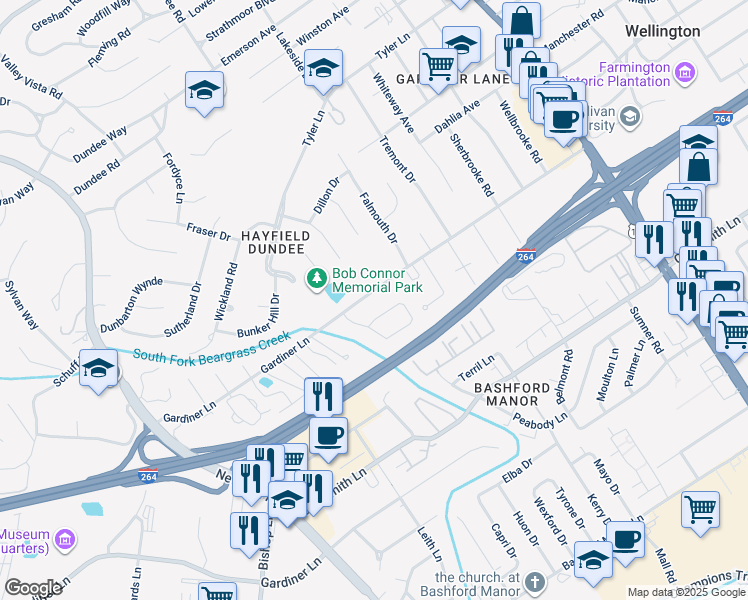 map of restaurants, bars, coffee shops, grocery stores, and more near Gardiner Lane in Louisville
