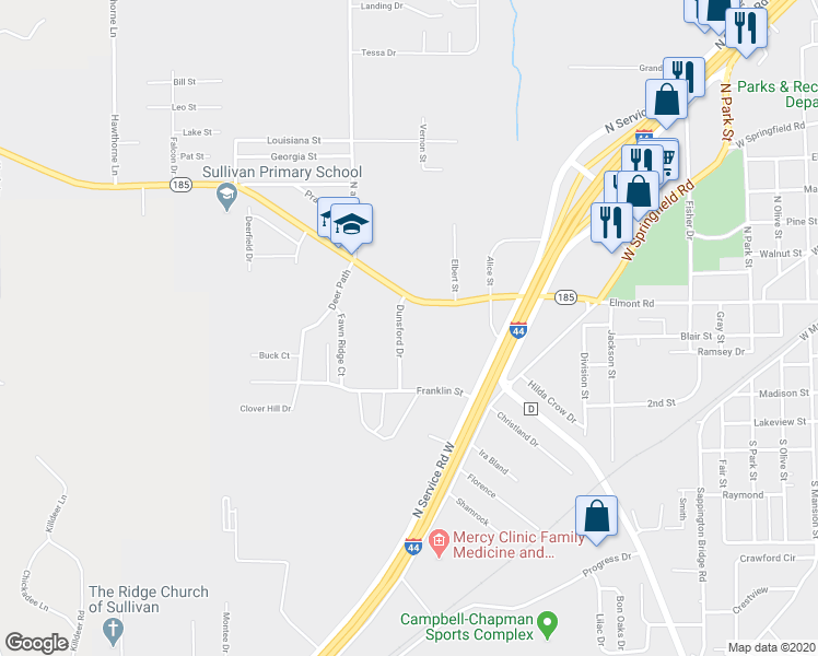 map of restaurants, bars, coffee shops, grocery stores, and more near 860 Elmont Road in Sullivan