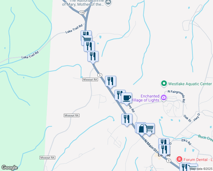 map of restaurants, bars, coffee shops, grocery stores, and more near 621 North Main Street in Gravois Mills
