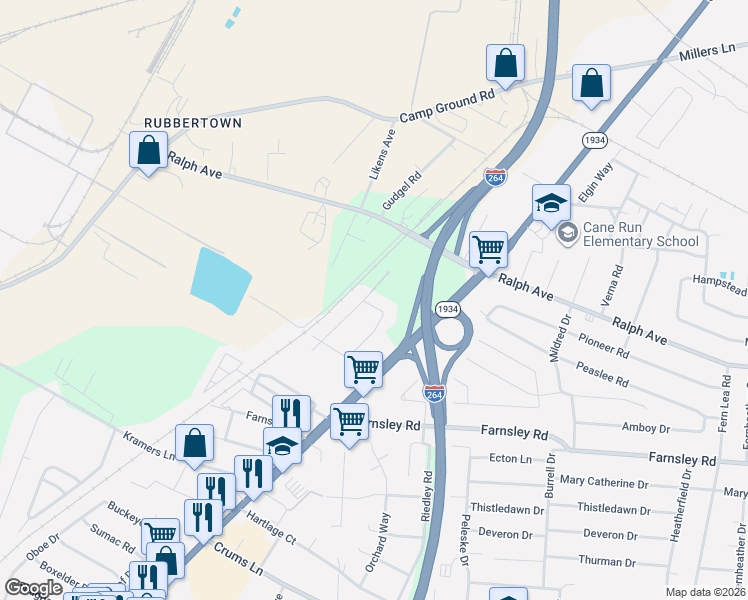map of restaurants, bars, coffee shops, grocery stores, and more near 3200 Carrie Drive in Louisville