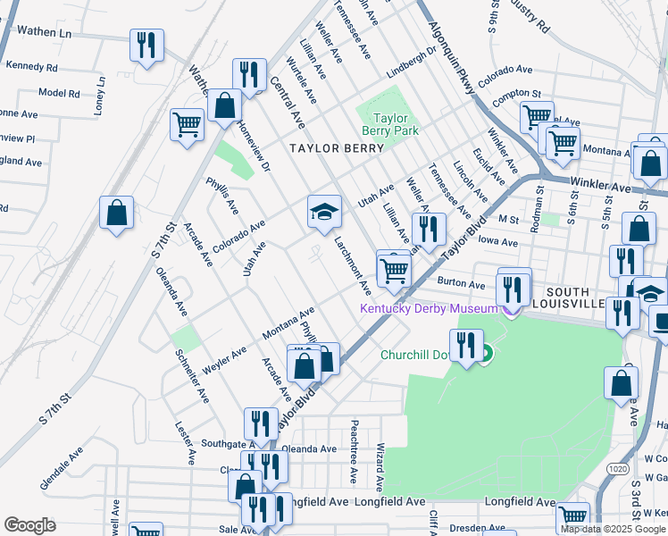 map of restaurants, bars, coffee shops, grocery stores, and more near 1219 Larchmont Avenue in Louisville