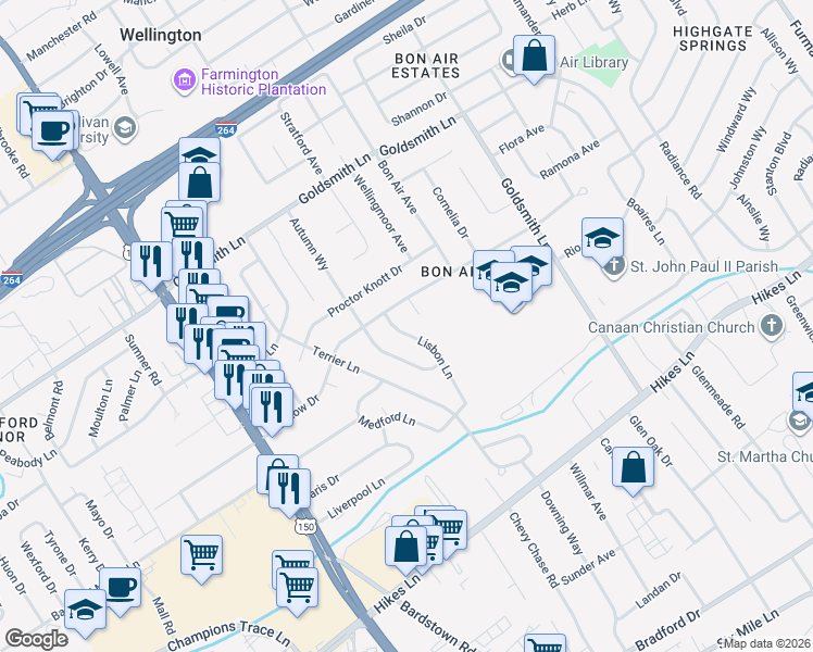 map of restaurants, bars, coffee shops, grocery stores, and more near 3503 Meadow Court in Louisville