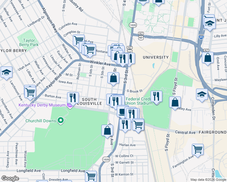 map of restaurants, bars, coffee shops, grocery stores, and more near 2832 South 4th Street in Louisville