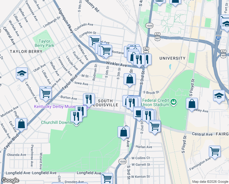 map of restaurants, bars, coffee shops, grocery stores, and more near 2832 South 5th Street in Louisville