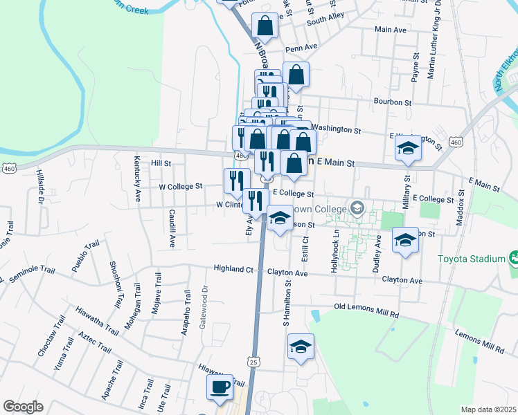 map of restaurants, bars, coffee shops, grocery stores, and more near 123 West Clinton Street in Georgetown