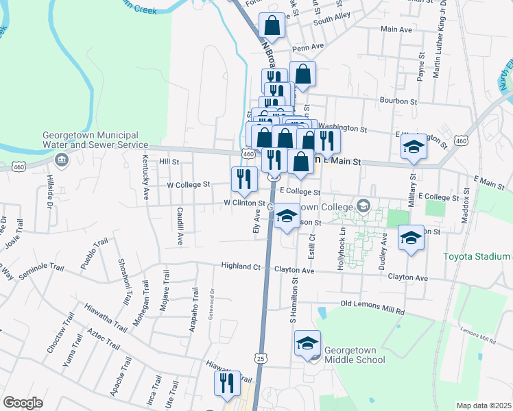 map of restaurants, bars, coffee shops, grocery stores, and more near 123 West Clinton Street in Georgetown