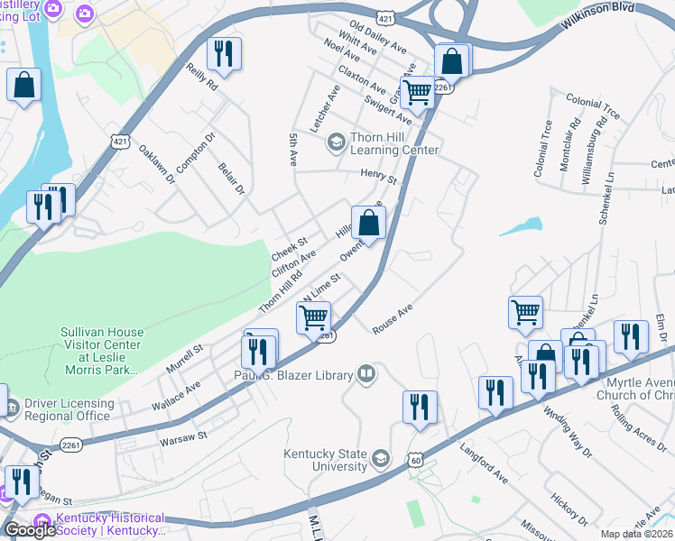 map of restaurants, bars, coffee shops, grocery stores, and more near 711 Owenton Avenue in Frankfort