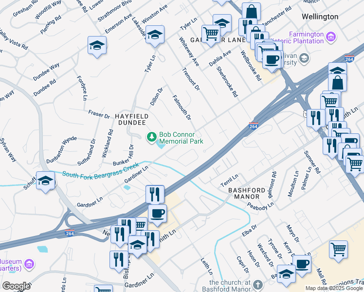 map of restaurants, bars, coffee shops, grocery stores, and more near Gardiner Lane in Louisville