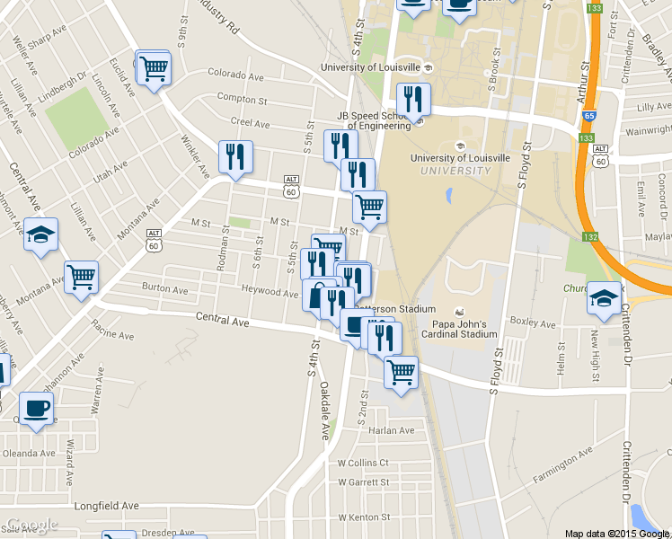 map of restaurants, bars, coffee shops, grocery stores, and more near 2822 South 3rd Street in Louisville