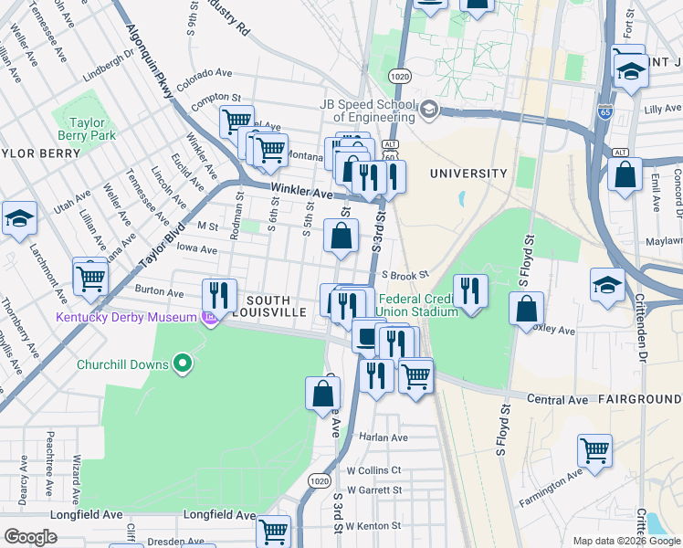 map of restaurants, bars, coffee shops, grocery stores, and more near 2905 South 4th Street in Louisville