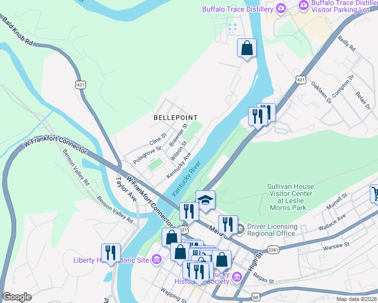 map of restaurants, bars, coffee shops, grocery stores, and more near 724 Wilson Street in Frankfort
