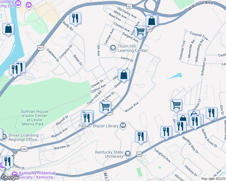 map of restaurants, bars, coffee shops, grocery stores, and more near 711 Owenton Avenue in Frankfort