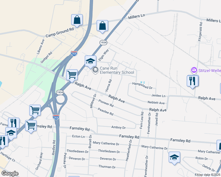 map of restaurants, bars, coffee shops, grocery stores, and more near 3209 Verna Road in Louisville
