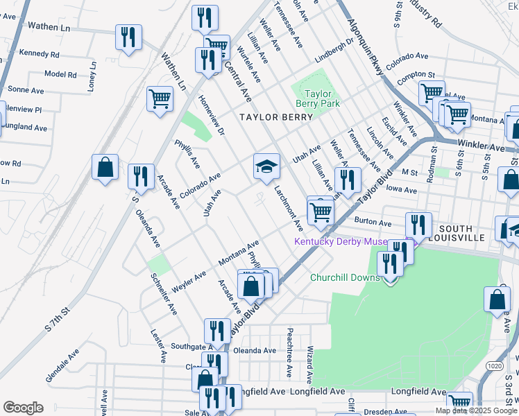 map of restaurants, bars, coffee shops, grocery stores, and more near 1222 Homeview Drive in Louisville