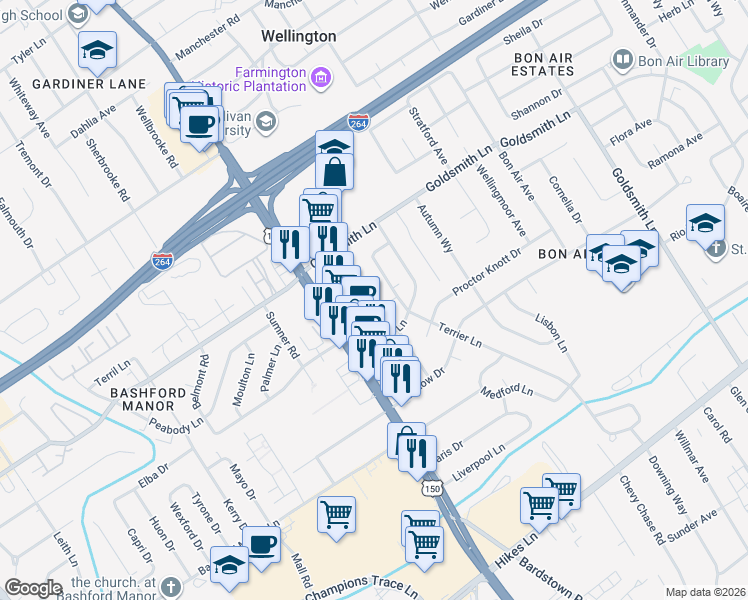 map of restaurants, bars, coffee shops, grocery stores, and more near 2216 Goldsmith Lane in Louisville