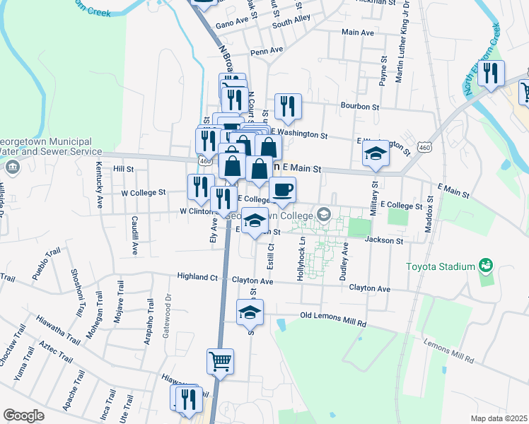 map of restaurants, bars, coffee shops, grocery stores, and more near 221 East College Street in Georgetown