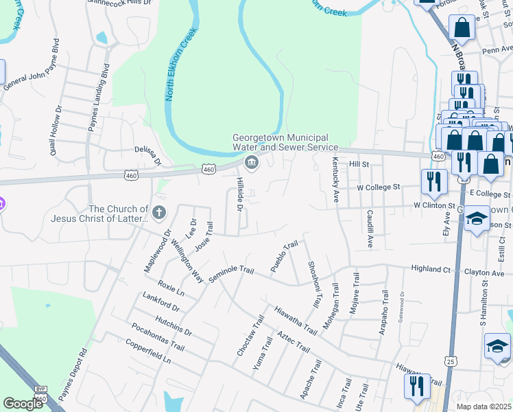 map of restaurants, bars, coffee shops, grocery stores, and more near 100 Hillside Drive in Georgetown