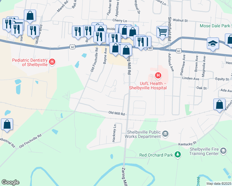map of restaurants, bars, coffee shops, grocery stores, and more near 754 Marian Village Drive in Shelbyville