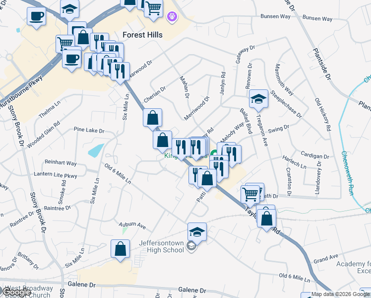 map of restaurants, bars, coffee shops, grocery stores, and more near 1802 Janlyn Road in Jeffersontown