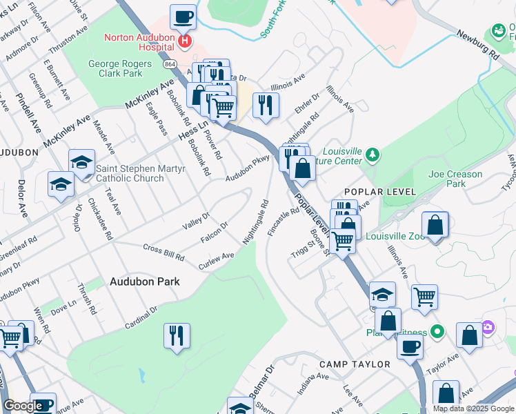 map of restaurants, bars, coffee shops, grocery stores, and more near 1433 Nightingale Road in Louisville