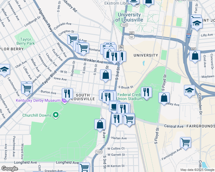 map of restaurants, bars, coffee shops, grocery stores, and more near 2822 South 3rd Street in Louisville