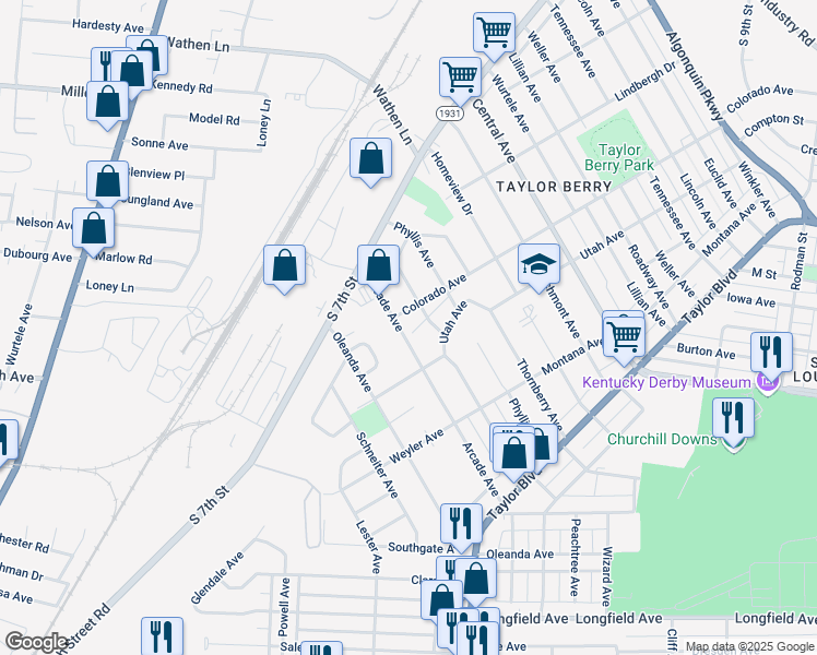 map of restaurants, bars, coffee shops, grocery stores, and more near 1528 Earl Avenue in Louisville