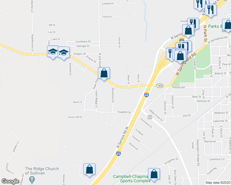 map of restaurants, bars, coffee shops, grocery stores, and more near 860 Elmont Road in Sullivan