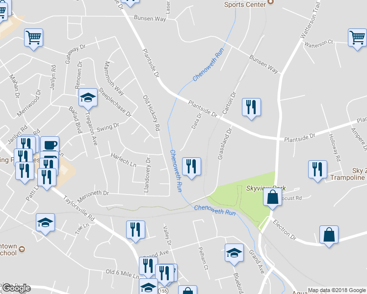 map of restaurants, bars, coffee shops, grocery stores, and more near 2532 Data Drive in Louisville