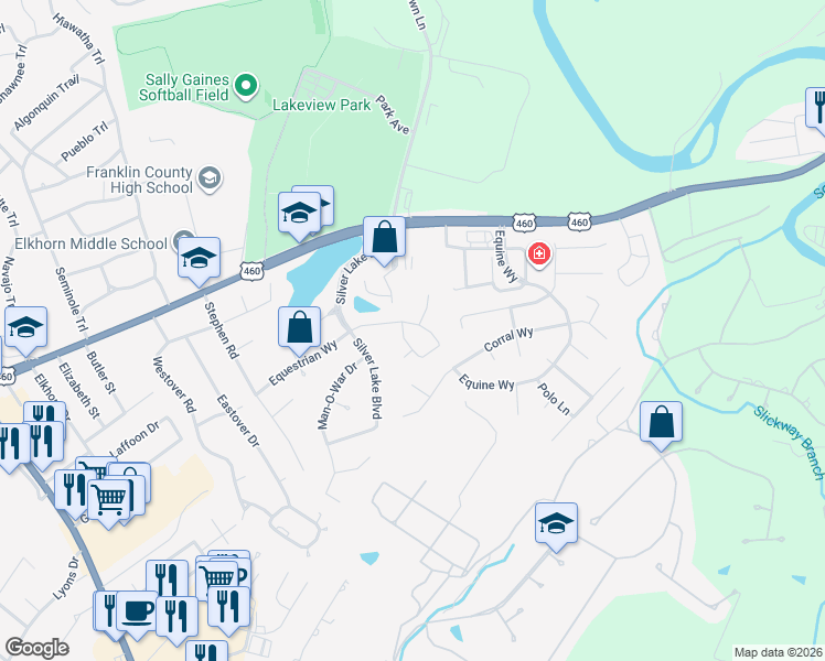 map of restaurants, bars, coffee shops, grocery stores, and more near 202 Ruffian Court in Frankfort
