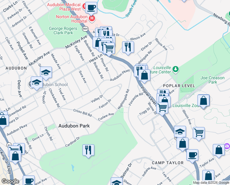 map of restaurants, bars, coffee shops, grocery stores, and more near 1419 Falcon Drive in Louisville