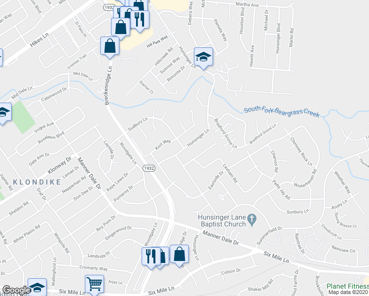 map of restaurants, bars, coffee shops, grocery stores, and more near 3698 Hunsinger Lane in Louisville